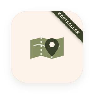 Plus plan travel package icon showing a map with a pin